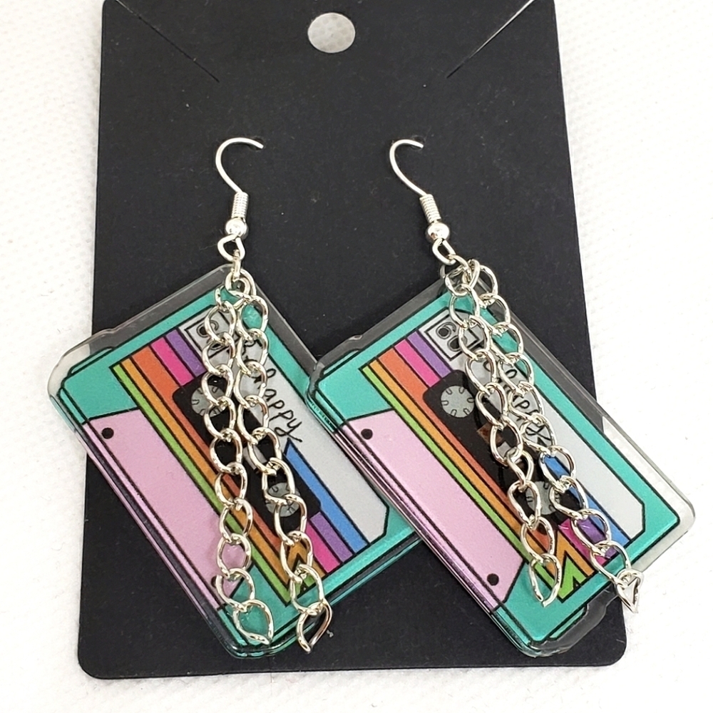 Handmade Be Happy Retro Cassette Tape Dangle Earrings